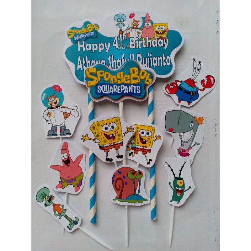 TOPPER CAKE - HIASAN KUE ULANG TAHUN GAMBAR SPONGEBOB BISA CUSTOM NAMA