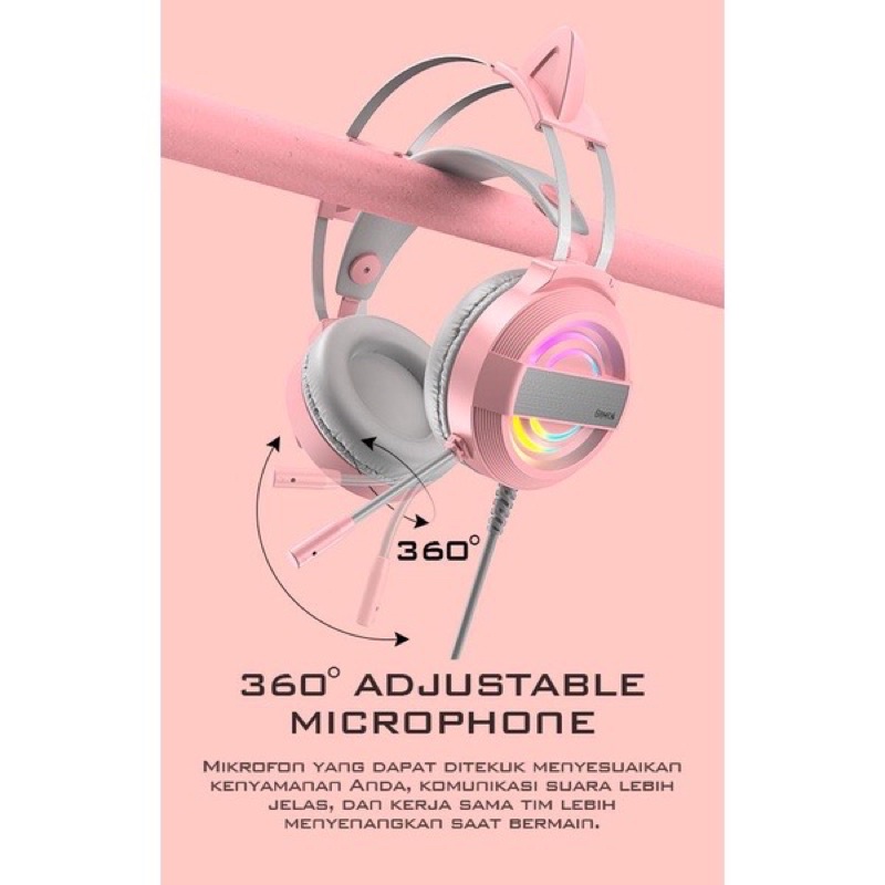 Ready Stok Headset Earphone Headphone Gaming Cat Ear GH1100 PINK LED 50MM Power Driver