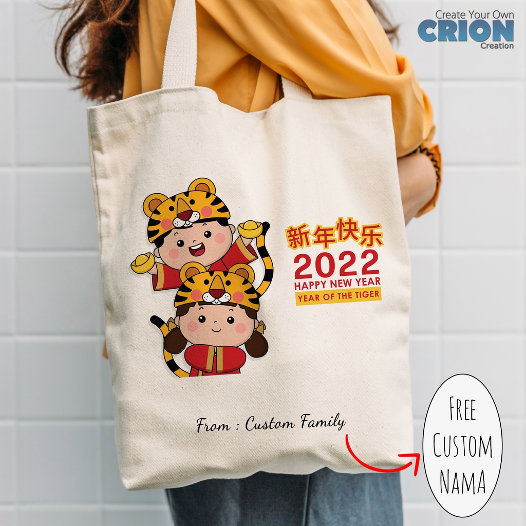 Totebag Imlek Tiger 2022 series blacu Bisa Custom ucapan / nama / kata
