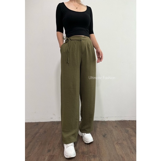 Celana Kulot Crinkle Pants Hikari - Celana Panjang Polos  Wanita Saku Korea Kekinian Terbaru