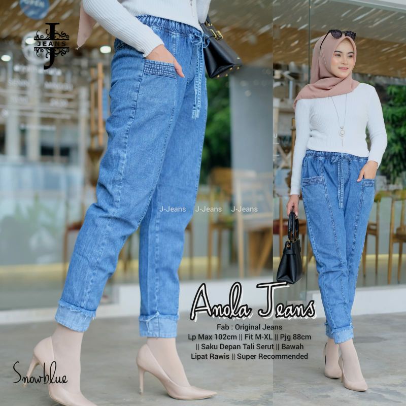ANOLA JEANS ORIGINAL JEANS SAKU DEPAN TALI SERUT AKSEN BAWAH LIPAT RAWIS