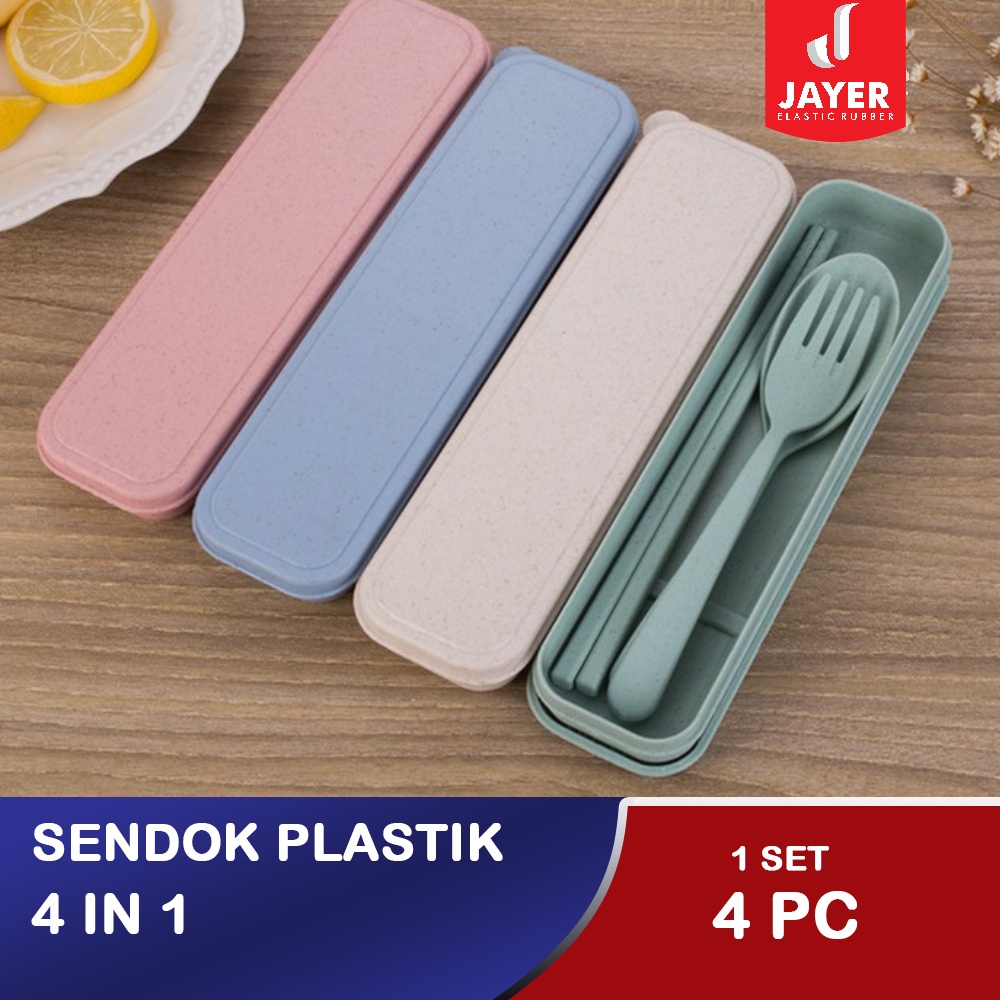 Sendok Makan Jerami 1 Set isi 4 Pcs / 1 Set Sendok Portable Plastik Sendok / Garpu / Sumpit