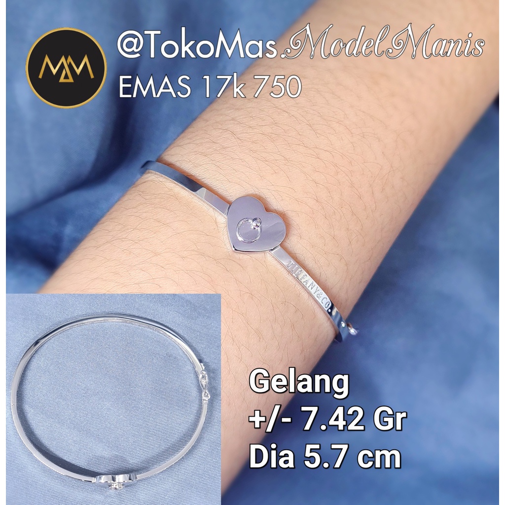 Gelang Bangle tifani gembok love emas putih 750 kadar 17k