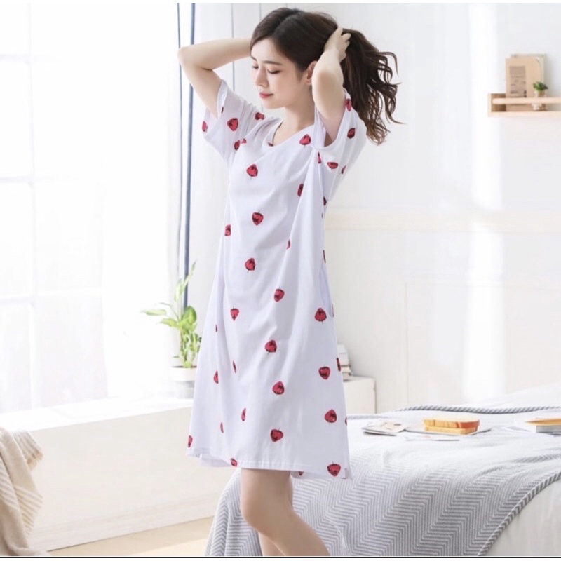 Daster printing putih cherry korea plus tas