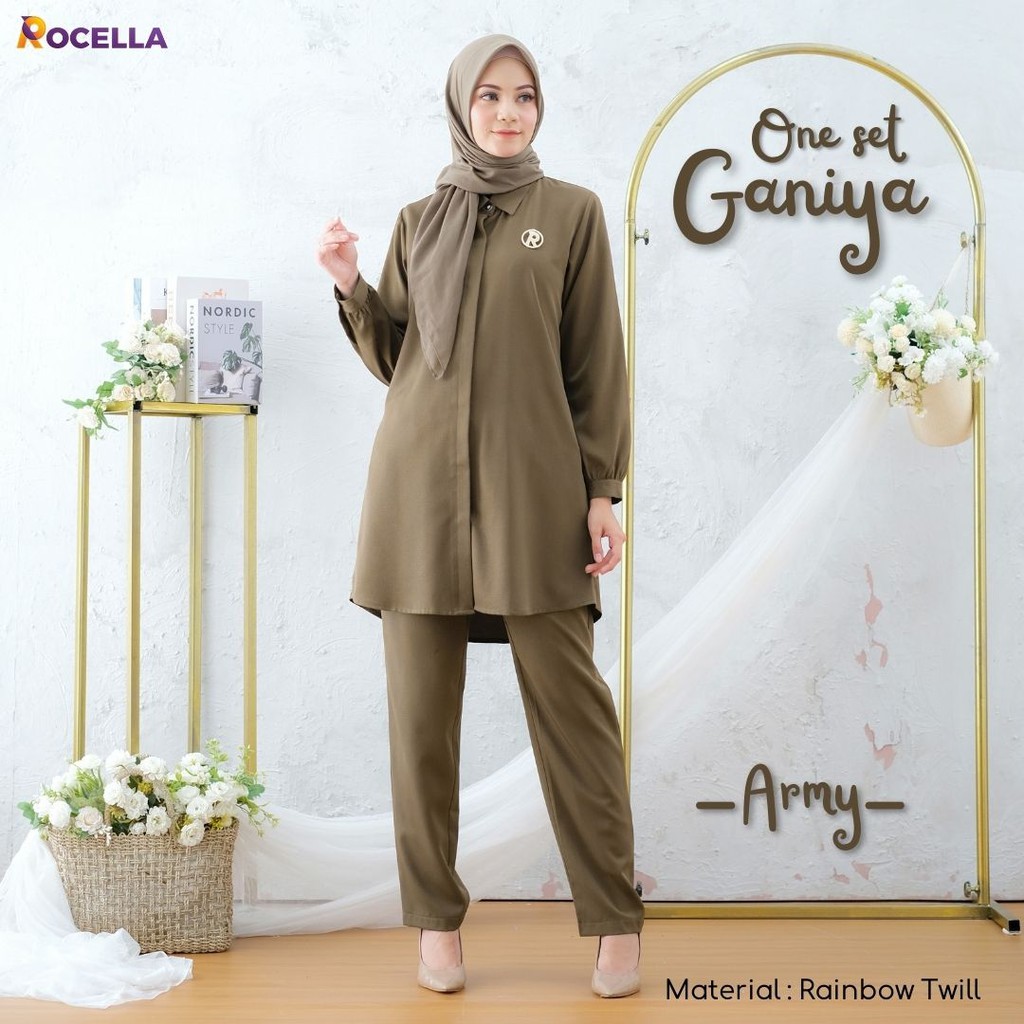 Rocella One Set Baju Wanita Muslimah - Baju Atasan dan Celana Santai Kerja Bepergian Casual BISA COD #oneset #setelan #bajuwanita-Army