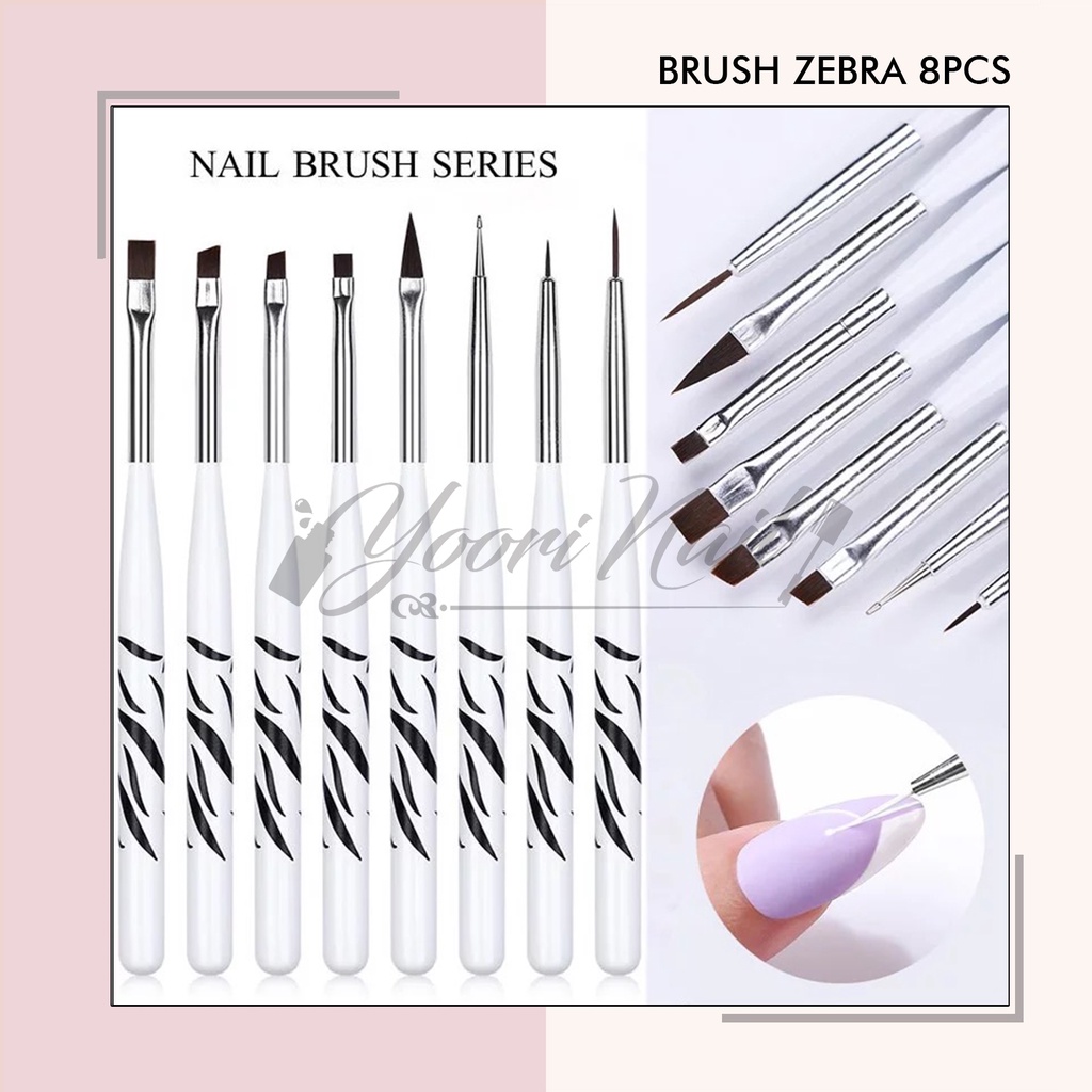 Kuas zebra brush kuas acrylic kuas gel brush 8pcs set acrylic brush dotting