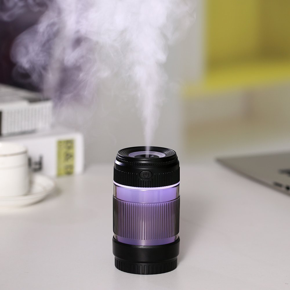 USB Mini Car Humidifier - Camera Lens Shape - Colorful Night Light Travel Portable Humidifier -208ml