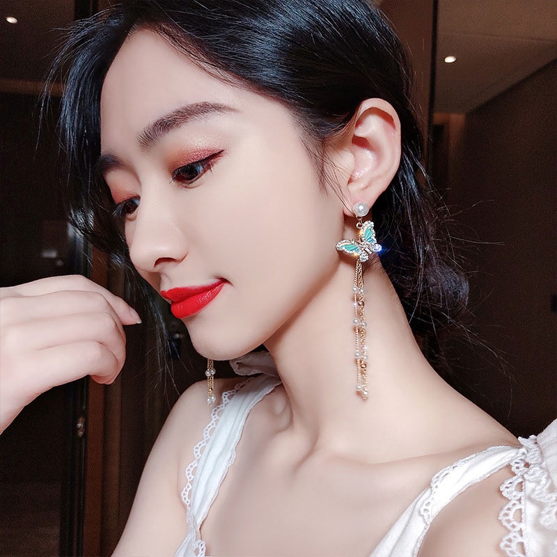 XiaoboACC Anting Gantung Panjang Tusuk Silver Sterling 925 Motif Kupu-Kupu + Rumbai + Mutiara Untuk Wanita