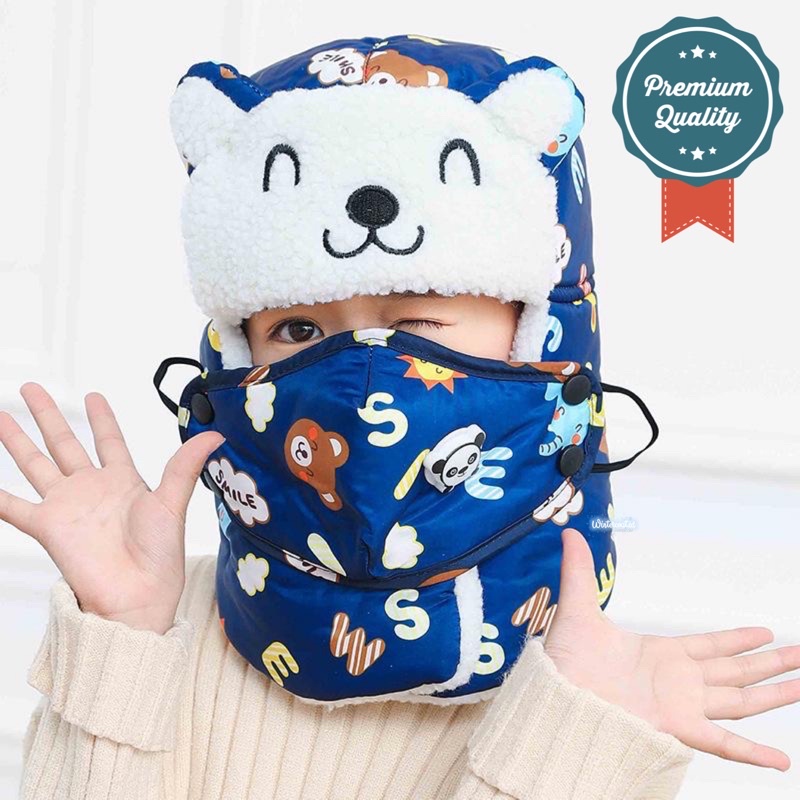 Topi musim dingin anak hangat ushanka kids winter mask bomber hat import russia bear earflap