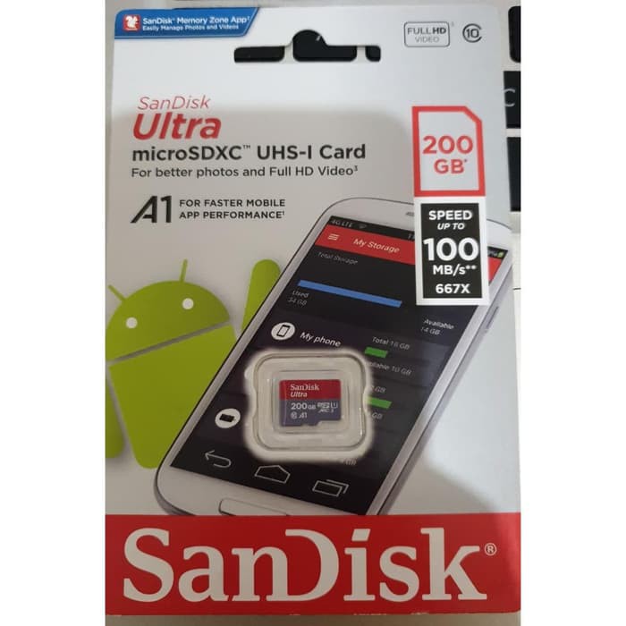 Memory Card Microsd Sandisk  200GB CLASS 10 100MBPS A1 Original Garansi 10 Tahun