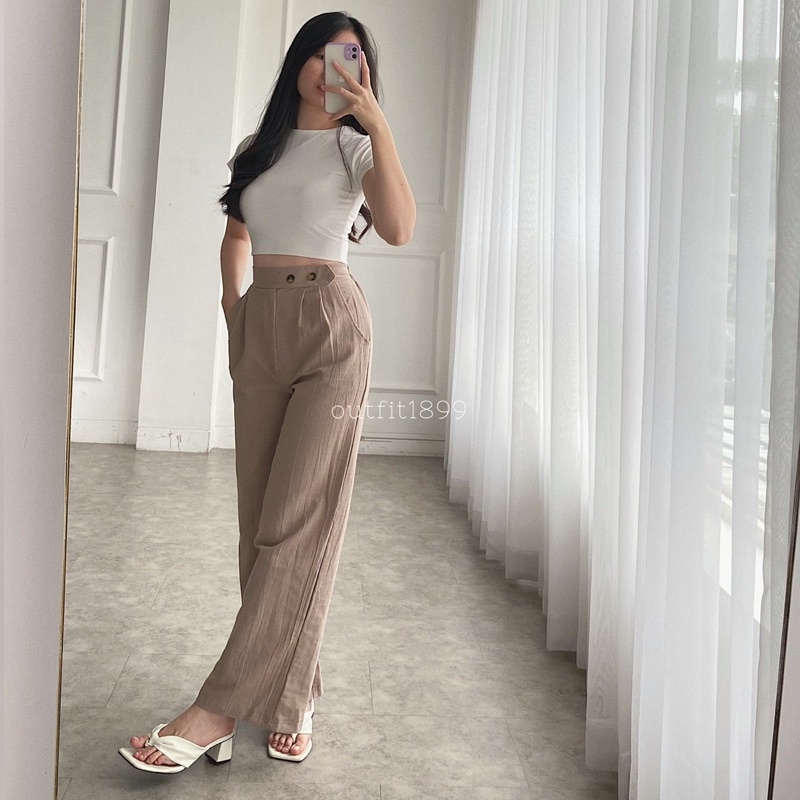 ASOKA Celana Linen Highwaist Premium 2241 I Celana Wanita Basic Pants