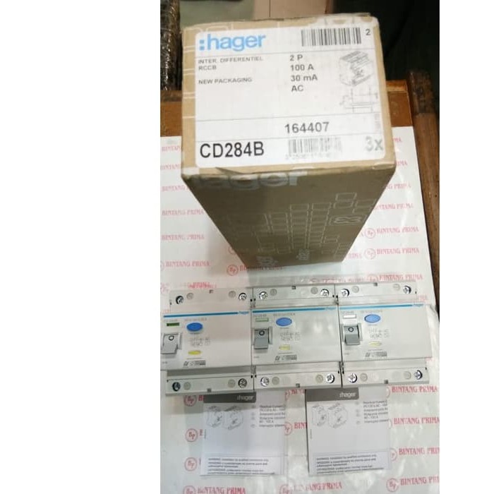 RCCB / ELCB / RCBO 2P / 2 Pole 100A 30Ma Tipe CD284B 1P+N Merk Hager