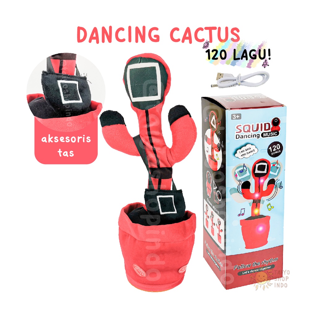 Mainan Anak Dancing Cactus USB BOX Kaktus Joged Musik Bicara Menari-Squid Kotak