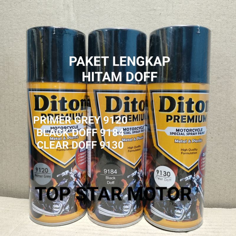 Pilok Paket Lengkap Cat Diton Premium Primer Grey 9120 Black Doff 9184 Clear Doff 9130 400cc.. Pilok Paketan Black Doff Cat Semprot Diton Premium 400cc