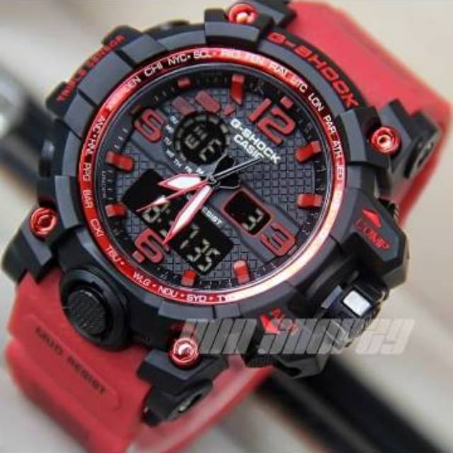 Jam Tangan Gshock GWG1000 Pria Water Resist Renang - Hitam lis Putih Tali Merah