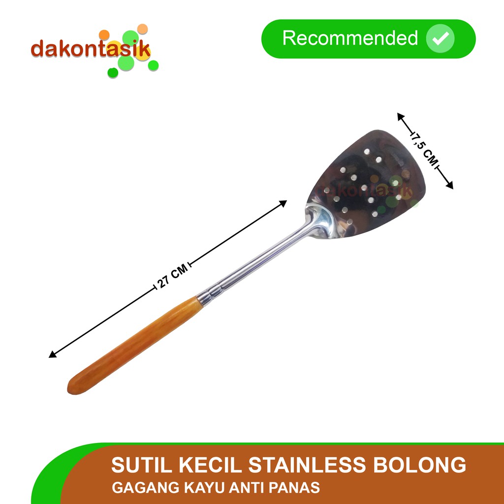 DakonTasik - Sutil Spatula Kecil 7,5 x 27 cm Stainless Bolong gagang kayu anti panas