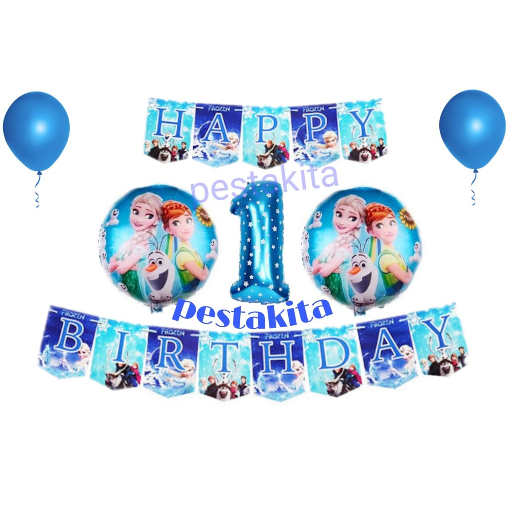 FROZEN SET DEKORASI HAPPY BIRTHDAY (banner reg +2 bulat frozen + angka biru + 2 latex biru )