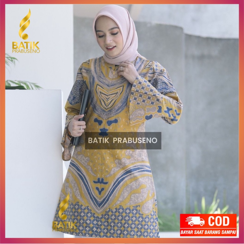 TIARA Tunik Batik Wanita Prabuseno Modern  Lengan Panjang Katun Lapis Furing Modern Kerja Kantoran O