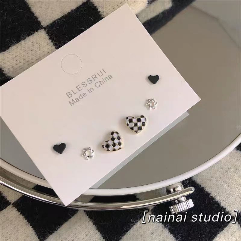 Anting Tusuk Sterling Silver 925 Model Hati Motif Kotak-Kotak Hitam Putih Untuk Wanita