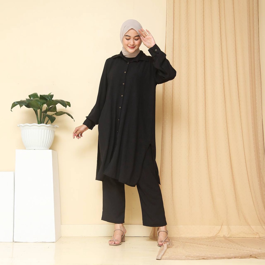 Oneset Tunik Adhisa Crinkle Airflow / Setcel Tunik Crinkle Airflow Busui / Setelan Tunik Crinkle Variasi Kancing Belakang Kancing Depan Full Hidup