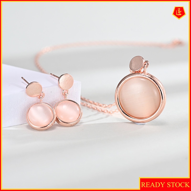 [Ready Stock]New Rose Gold Opal Pendant Exaggerated Pink Crystal Earings Set