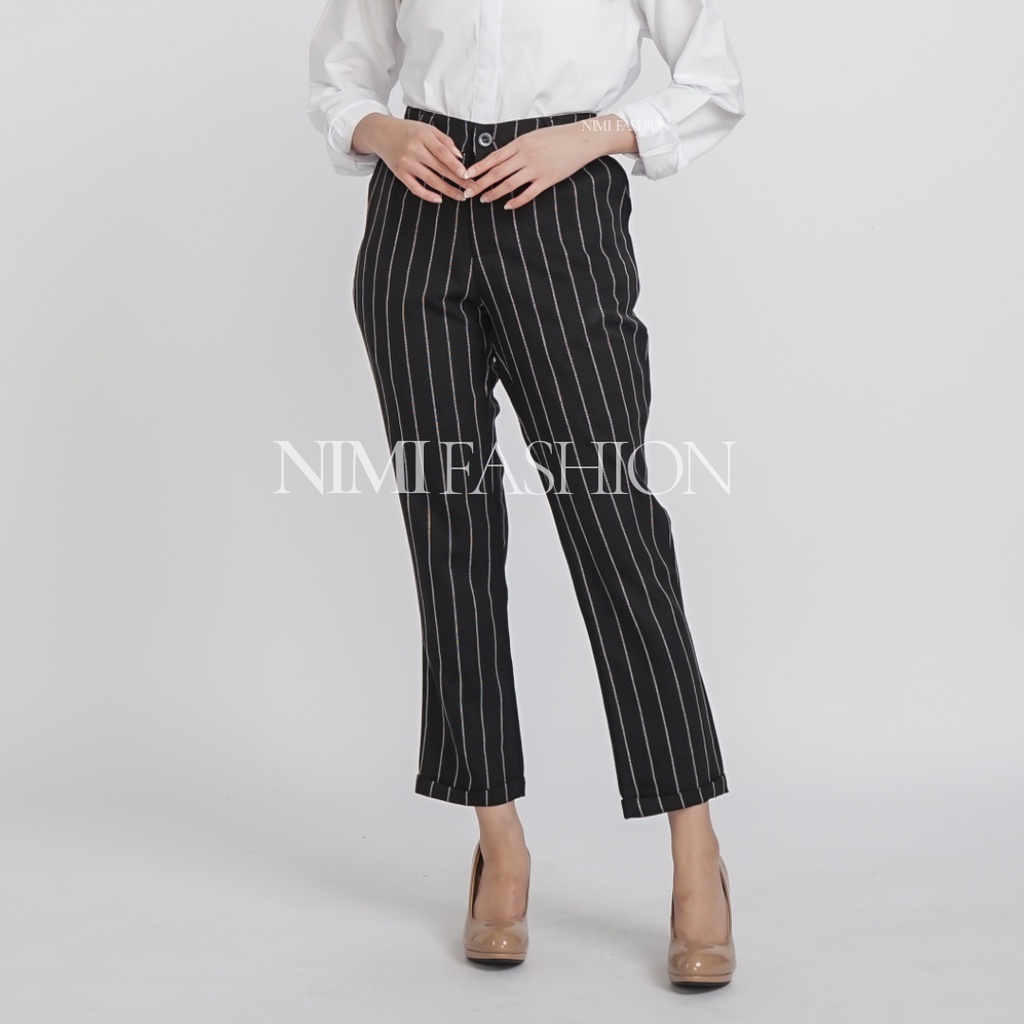 NIMI - Celana Salur Wanita Celana Baggy Motif Garis Celana Bahan Kerja Wanita Pinggang Karet