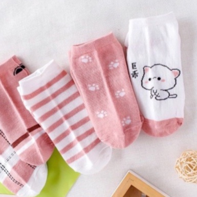 INDOMINI Kaos Kaki Motif Pink Cat Cute Fashion Korea Women Sock Import Murah K012