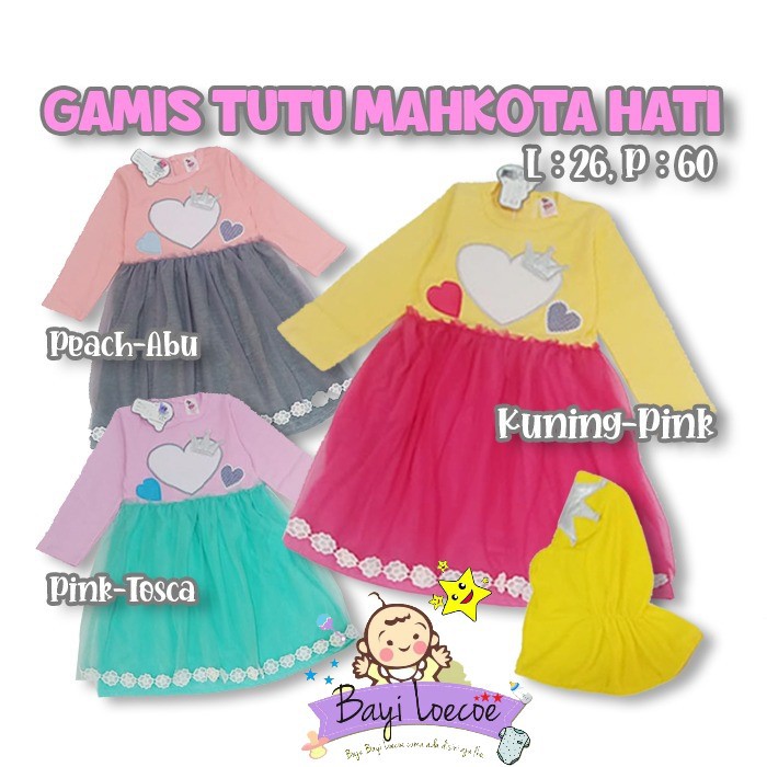 Baju Anak Perempuan Muslim Gamis Anak Perempuan Love Mahkota Tutu 1-2 Tahun