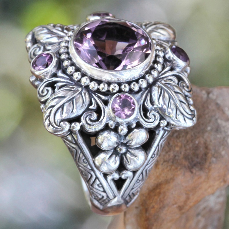 Cincin Meditasi Desain Bunga Amethyst Warna Silver