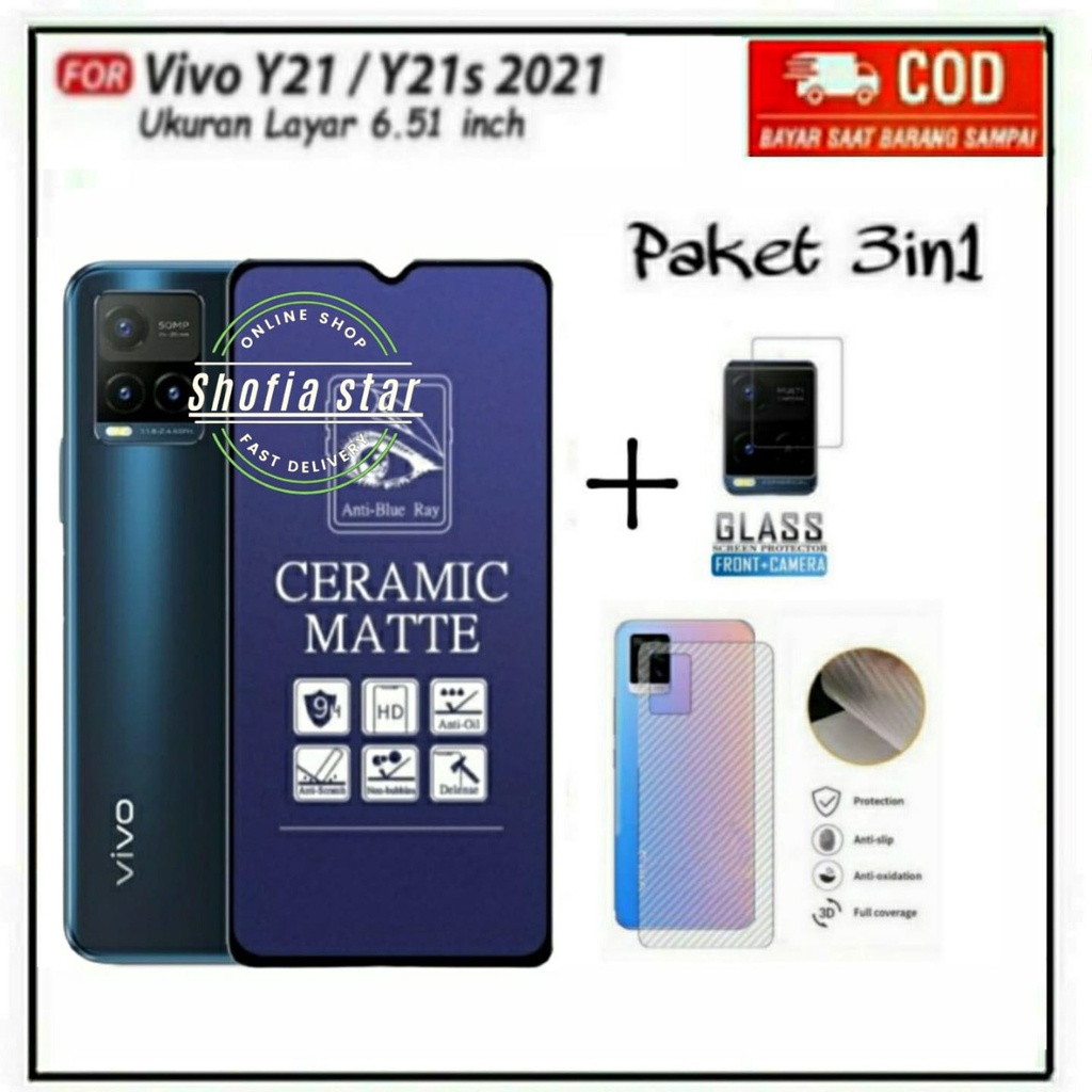 3IIN1 TEMPERED GLASS MATTE CRAMIC BLUE LIGHT VIVO Y21 Y21S Y21A Y21T Y33S Y33T Y21E  ANTI GLARE FULL COVER