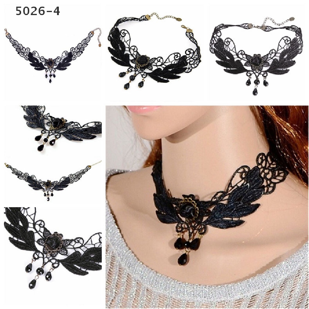 5026-4 Kalung Choker Lolita Bahan Lace Dengan Liontin Bunga Mawar Hitam Untuk Wanita