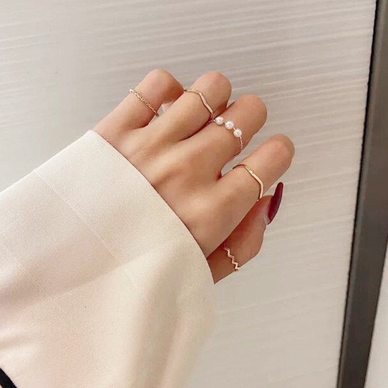 5pcs / Set Gelang Cincin Mutiara Gaya Korea Minimalis Untuk Wanita