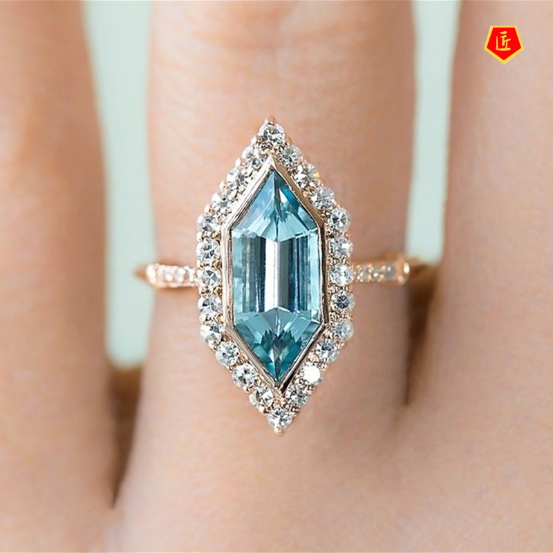 [Ready Stock]Inlaid Special-Shaped Sea Blue Topaz Ring 18K Gold