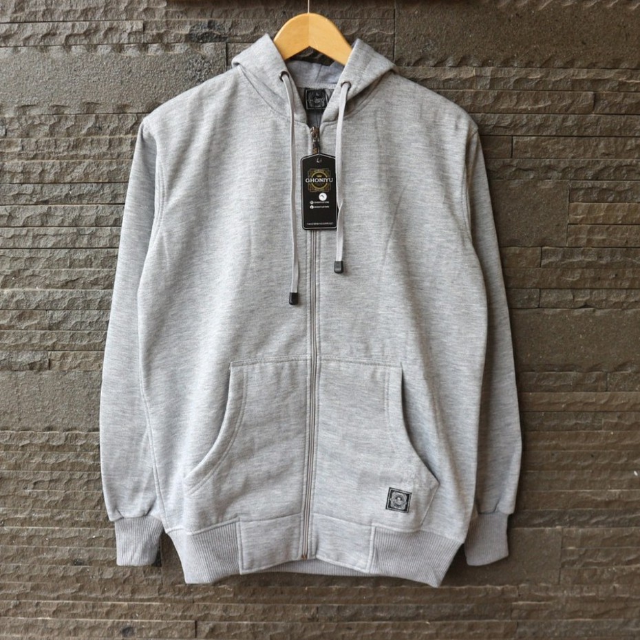 SSGD-08 Jaket Sweater Premium Original Ghoniyu Unisex Zipper Hoodie Pria Wanita Polos Putih-Abu-abu