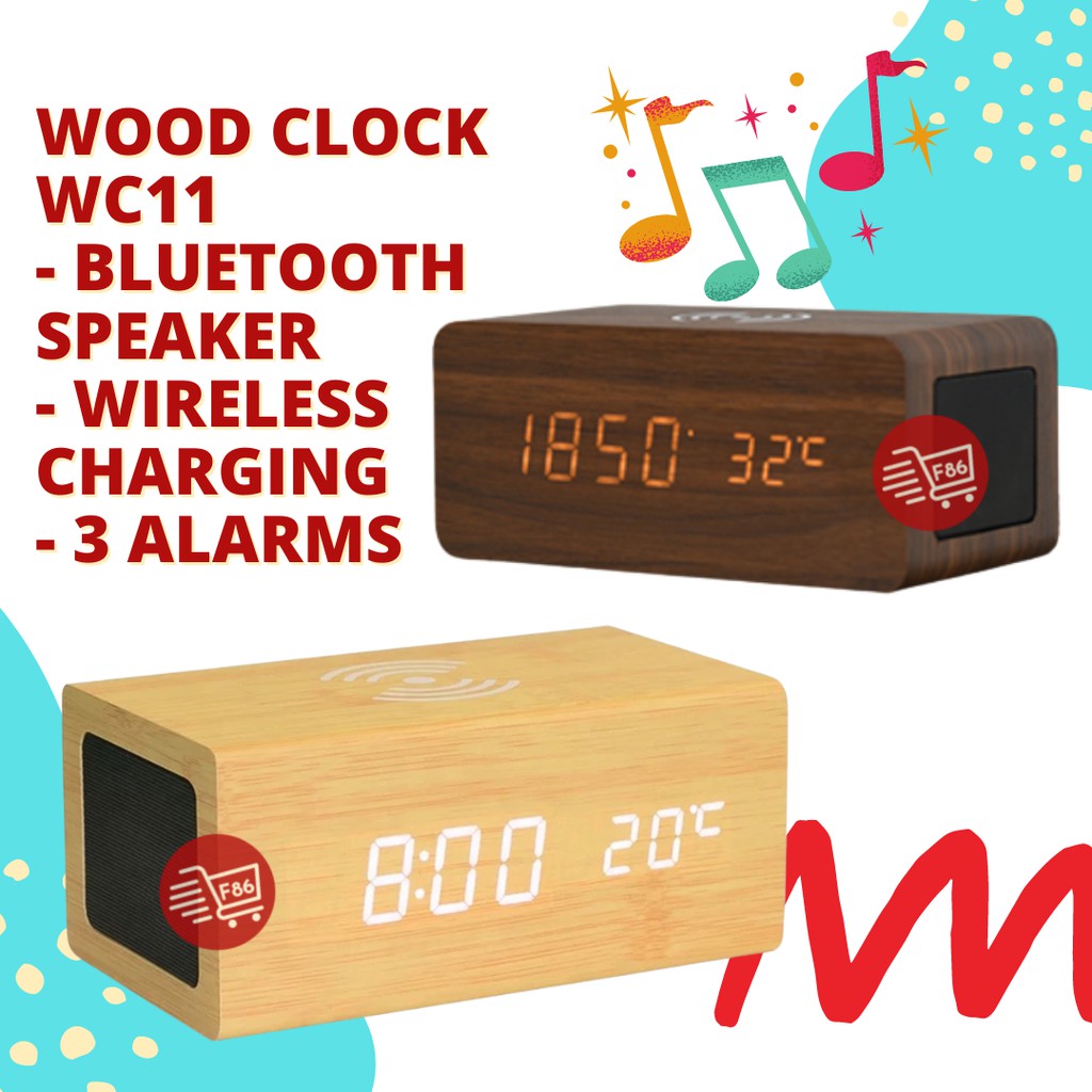 Jam Meja Kayu Digital Led /Jam Estetik + SUHU + Bluetooth Loudspeaker + Wireless Charging /Digital Wood Smart Alarm Clock/ ESTETIK JAM WEKER Speaker