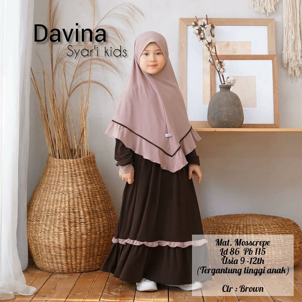 DAVINA SYARI KIDS Bahan MOSSCREPE DAPAT GAMIS ANAK (FREE HIJAB) Baju Gamis Anak Perempuan Umur 7-12 
