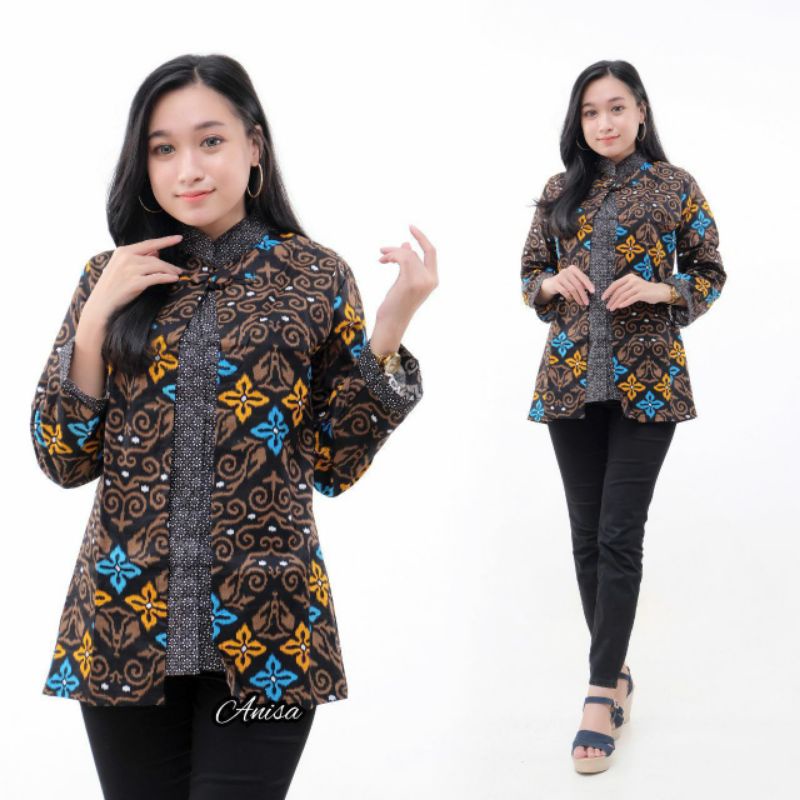 Batik wanita ASJ SA HRB026 Kenongo Kemeja Tosca Pendek-Bolle bintang ijo