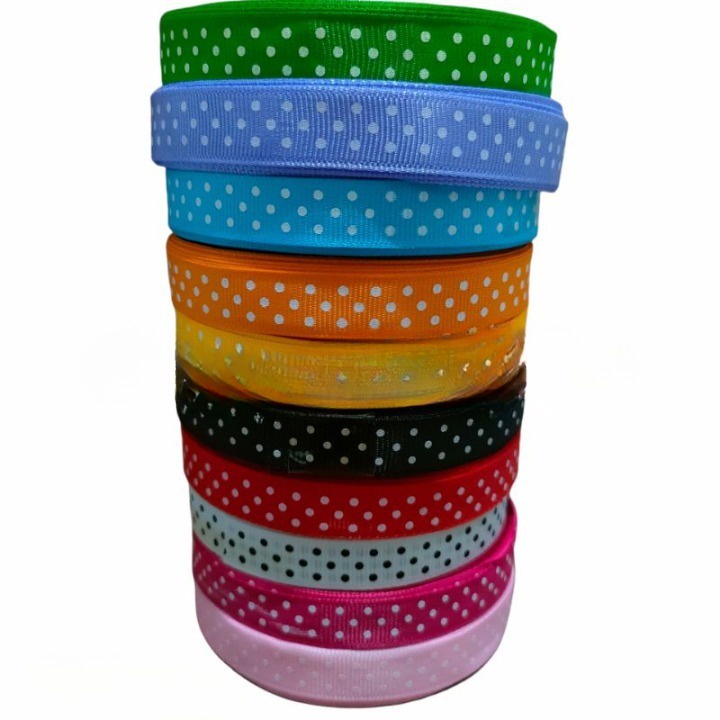 [1 Roll] Pita Salur Motif 1/2 Inch &amp; 1 Inch / Pita Polkadot / Gross Grain / Pita Kado Bintik Bintik / Kain Warna / Pita Salur Motif