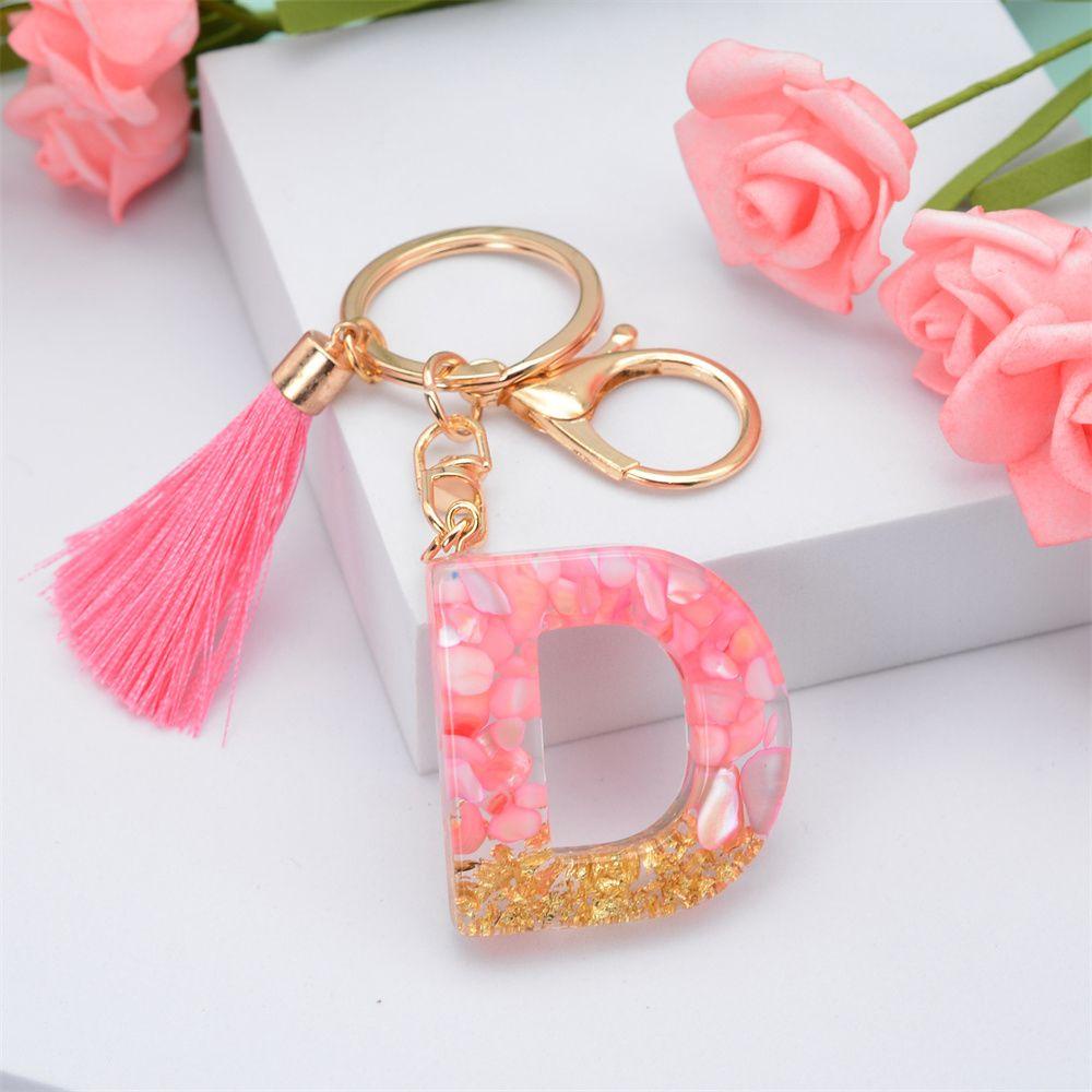 NEEDWAY 26huruf Gantungan Kunci 1PC Glitter Gradiasi Pink Jumbai Liontin Ornamen Gantungan Kunci Mobil Gantungan Kunci Alfabet