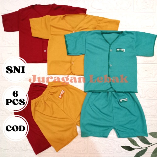 6 pcs SNI, setelan Baju bayi baru lahir lengan Pendek dan celana Pendek seri merah maroon, kuning busuk dan hijau tosca - Juragan Lebak