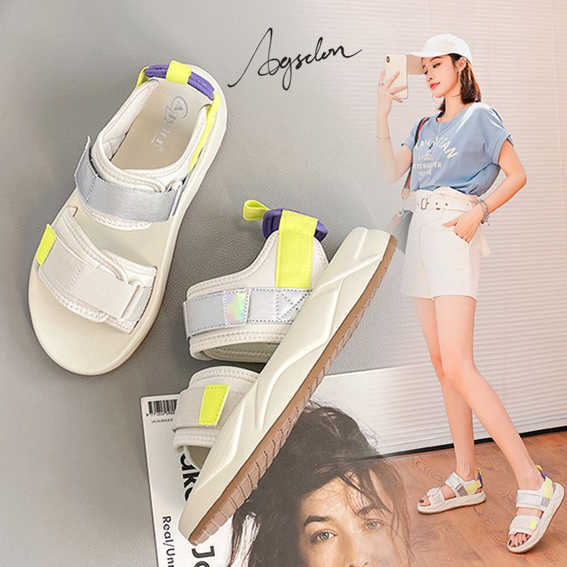 [littlecrab] Sandal Gunung Hitam Putih Neon Sandal Wanita Berkualitas Hak Tinggi Sandal Tali Selop Kasual Kekinian Korean Style