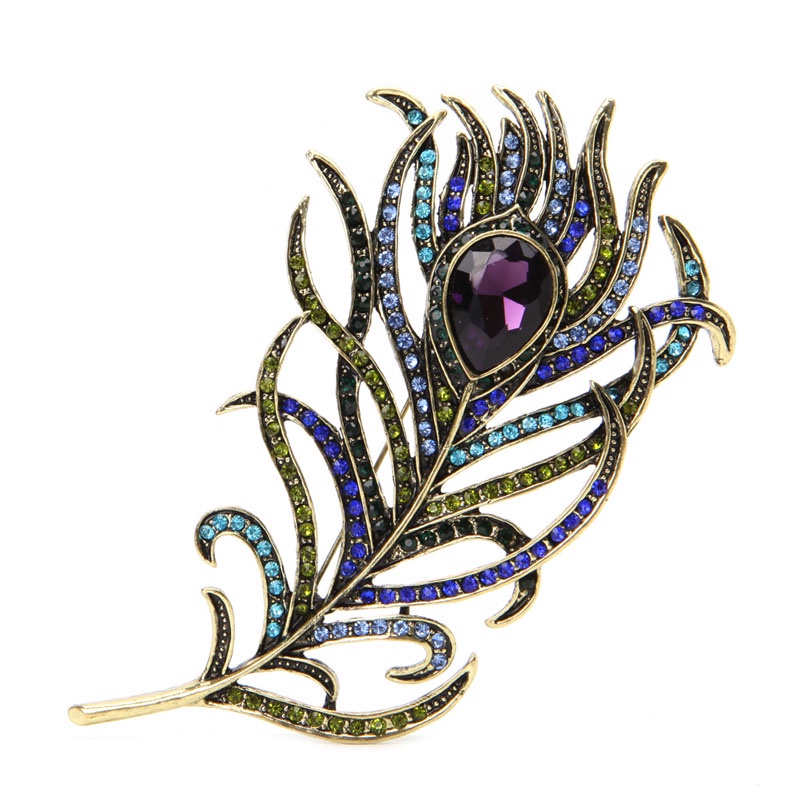 SIY  Vintage Peacock Feather Gold-plated Multi-color Rhinestone Brooch Pins Jewelry