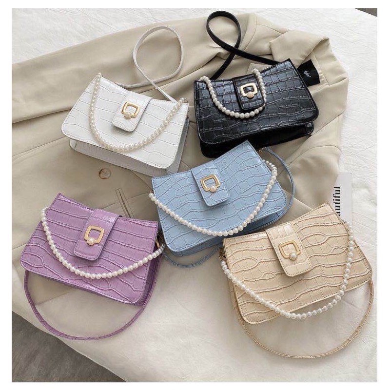 TAS SELEMPANG HANDLE MUTIARA MOTIF KULIT BUAYA