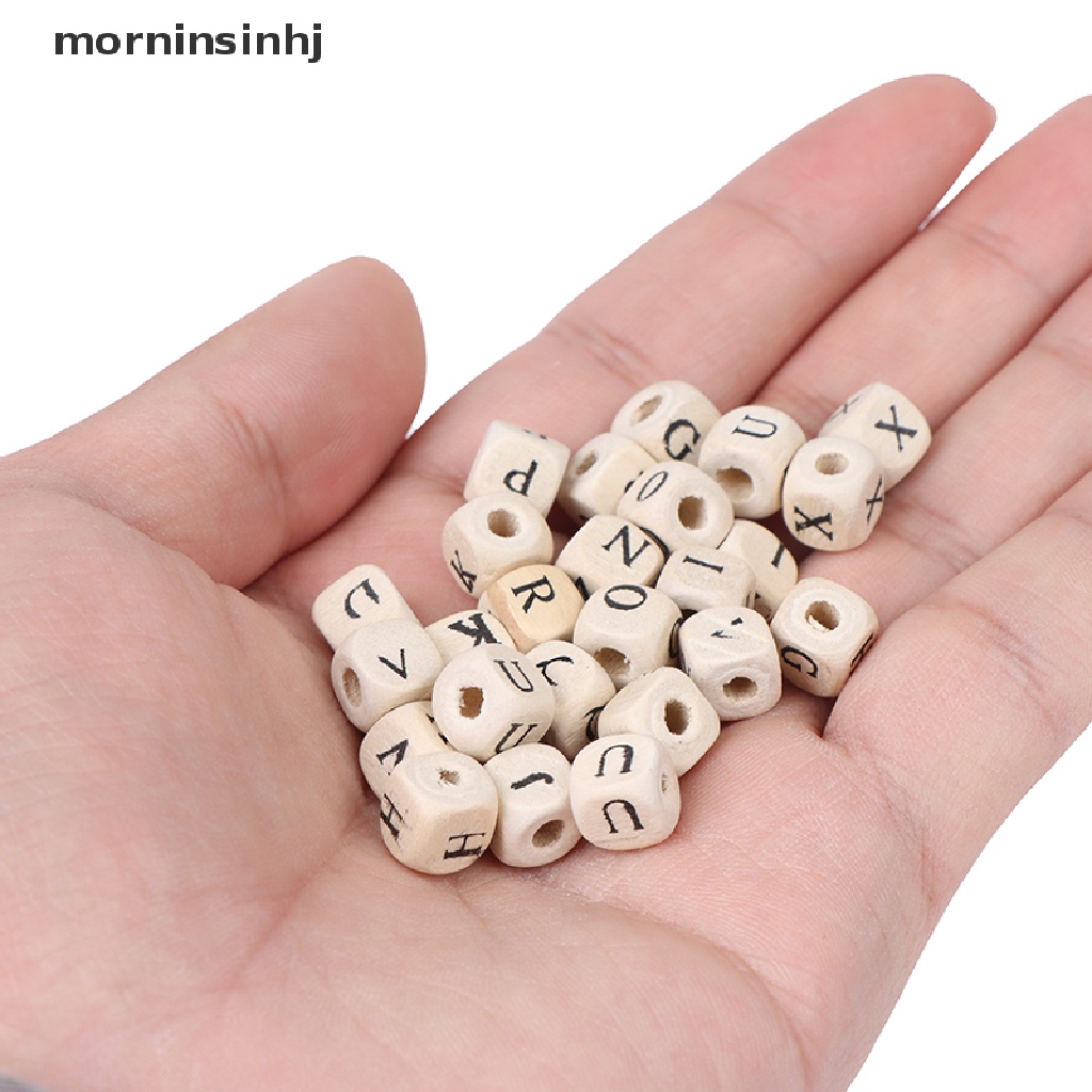 Mornin 100pcs Manikmanik Kayu Alami Bentuk Alfabet 10mm 8mm Dengan Kotak