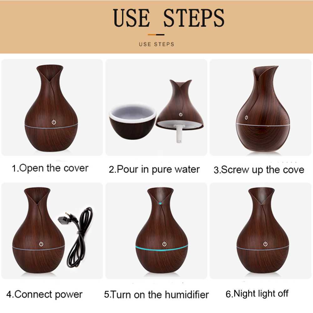 Humidifier 130ml Marble Marmer Wood LED 7 Warna Ultrasonic Aromatherapy Diffuser Vas Bunga Kayu