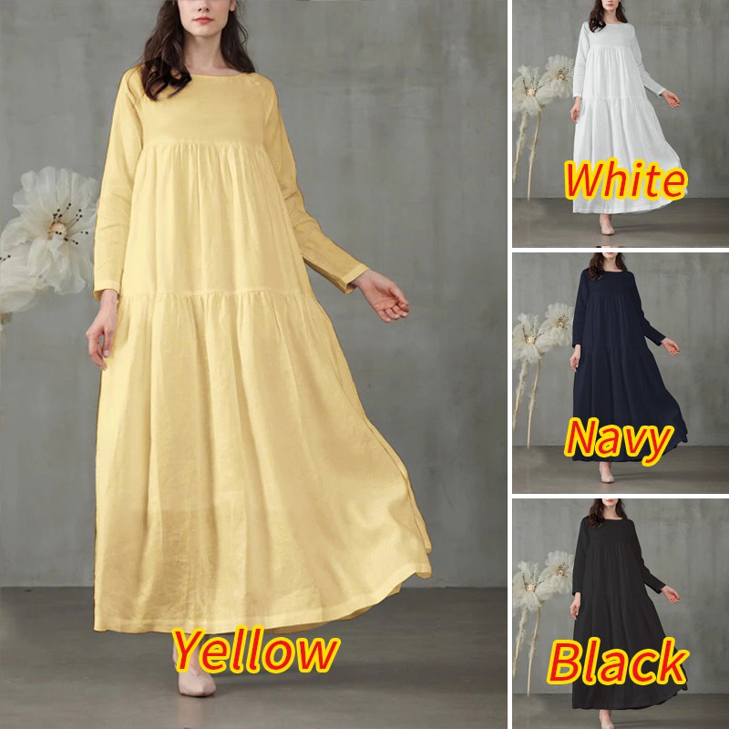 ZANZEA Women Solid Color Long Sleeve Ruffl Hem Swing Maxi Dress