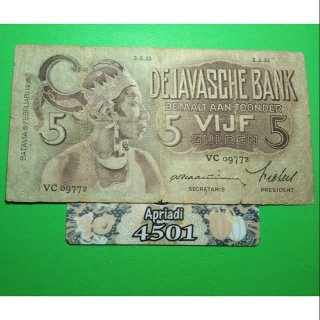 UK172 UANG KUNO ASLI 5 GULDEN SERI WAYANG TAHUN 1935 KOLEKSI UANG KERTAS LAMA INDONESIA #VF72