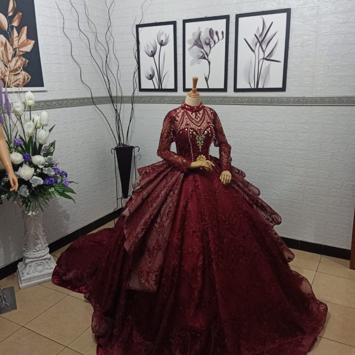 Original Produk Kebaya Dress Pesta gown pengantin terlaris - maroon, all size fit L