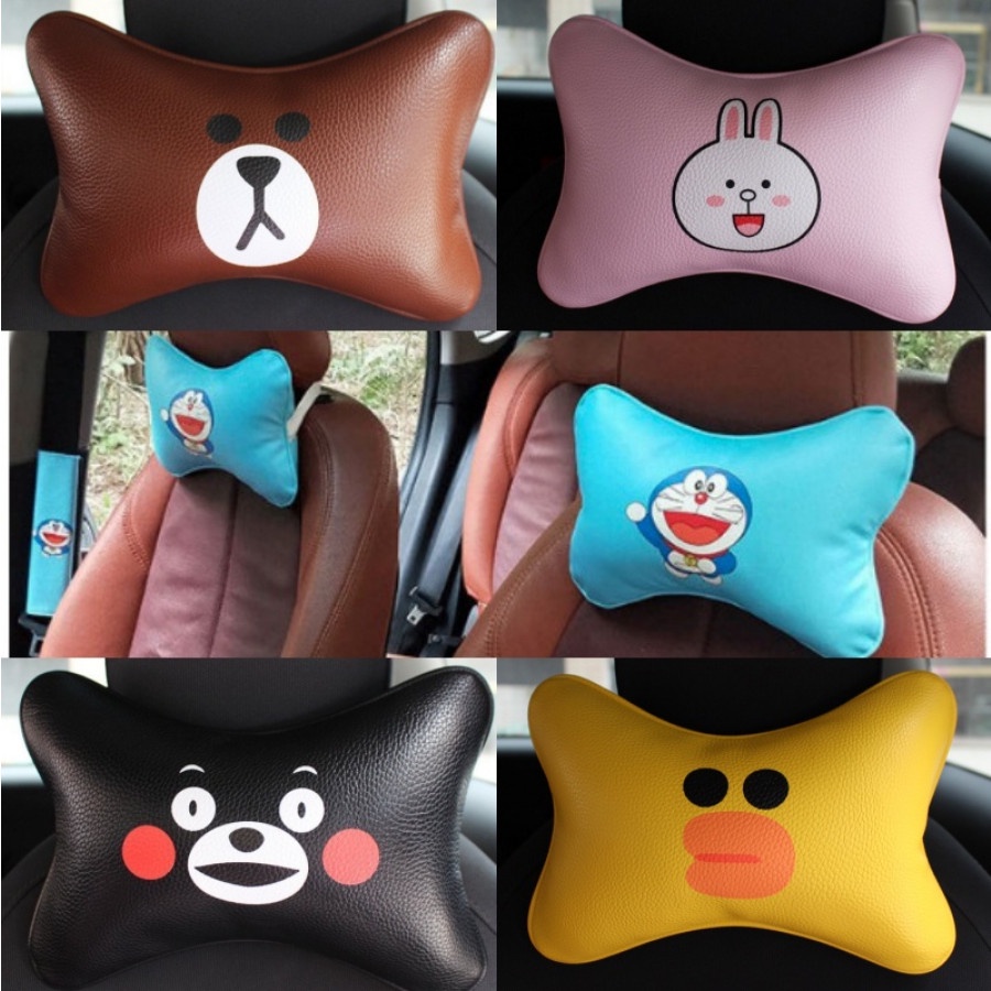 Bantal Sandaran Jok Mobil Import Kepala Leher Headrest Car Set BROWN Doraemon KULIT