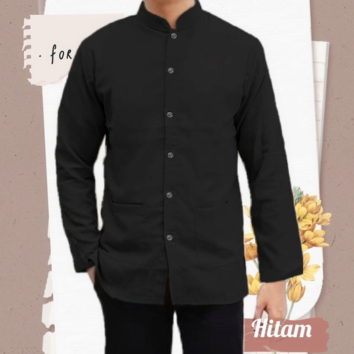 koko pria lengan panjang polos - Hitam, M